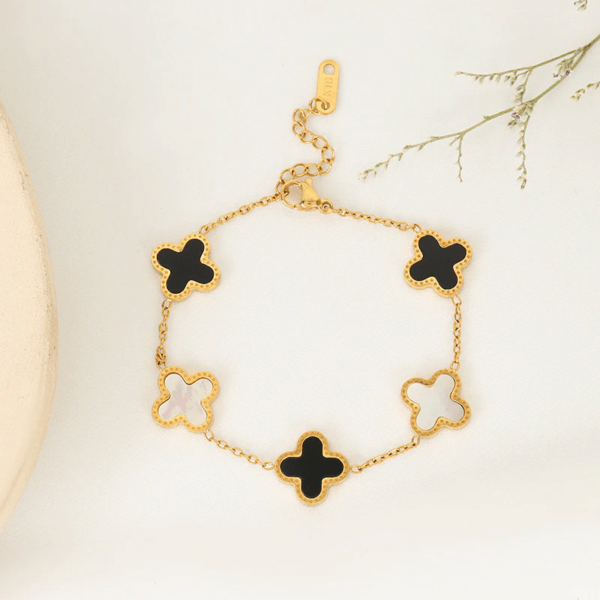 White Black Double Sided Clover Stainless Steel  Chain Bracelet